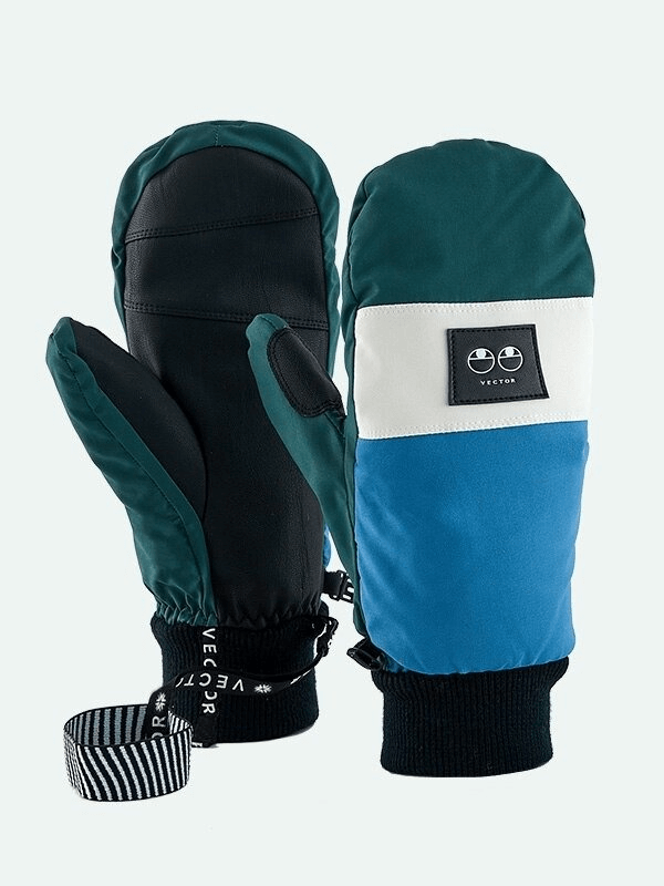 Ultralight thickened waterproof women's ski gloves, anti-slip, windproof, insulated, with anti-lost design, green and blue.